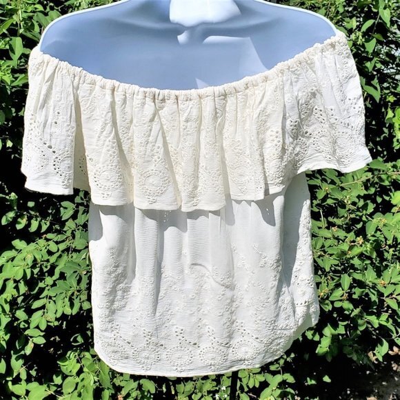 Lucky Brand Off Shoulder Blouse Ruffle Eyelet Top Lined Size S - Picture 6 of 11